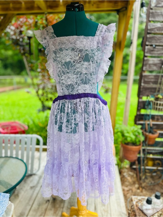 Handmade Dresses & Skirts - Vintage Prairie Apron Dress Purple Lace Cottagecore Pinafore Farmhouse Boho L